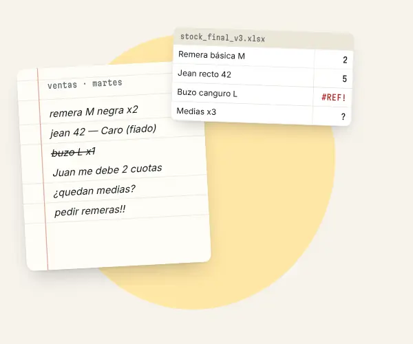 Ilustración: un cuaderno de ventas, una planilla de stock con errores y mensajes de clientes que se ordenan en un panel con ventas del día, productos con stock bajo y clientes por cobrar.